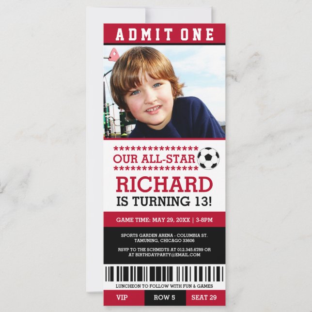 Invitación El cumpleaños rojo y negro del boleto del fútbol (Anverso)