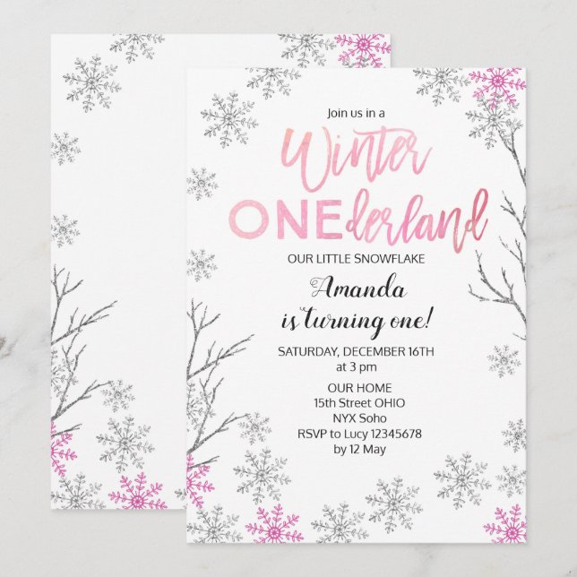 Invitación El cumpleaños rosado de GIRLWinter ONEderland (Anverso / Reverso)