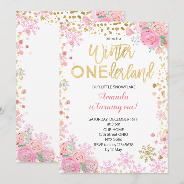 Invitación El cumpleaños rosado de la nieve de ONEderland del (Anverso / Reverso)
