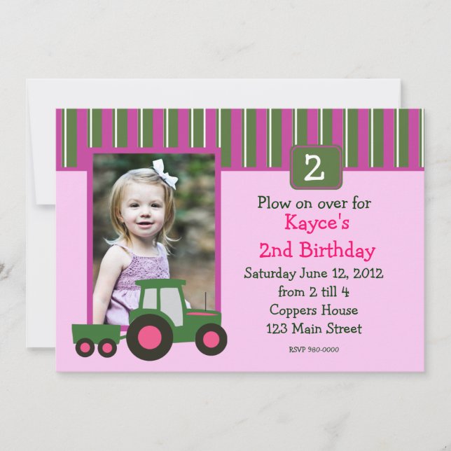 Invitación El cumpleaños rosado y verde del tractor del chica (Anverso)