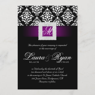 Invitación El damasco elegante de la boda Jewels blanco negro