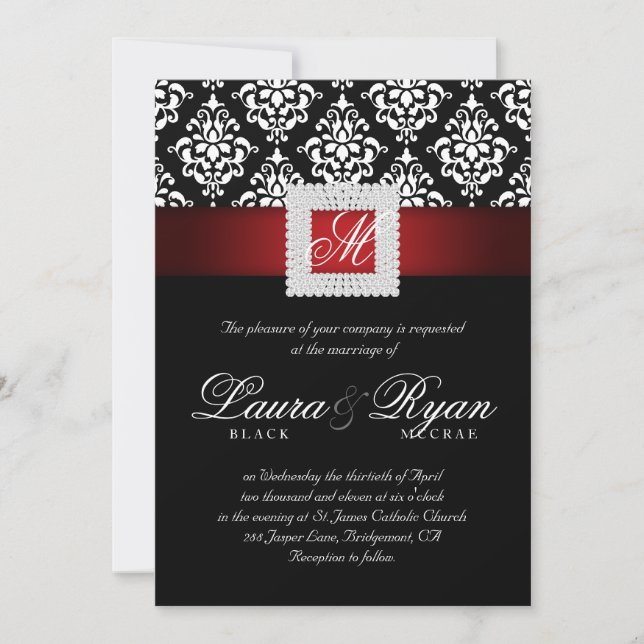 Invitación El damasco elegante de la boda Jewels blanco negro (Anverso)