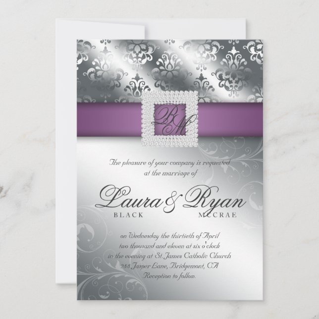 Invitación El damasco elegante de la bodas de plata Jewels (Anverso)