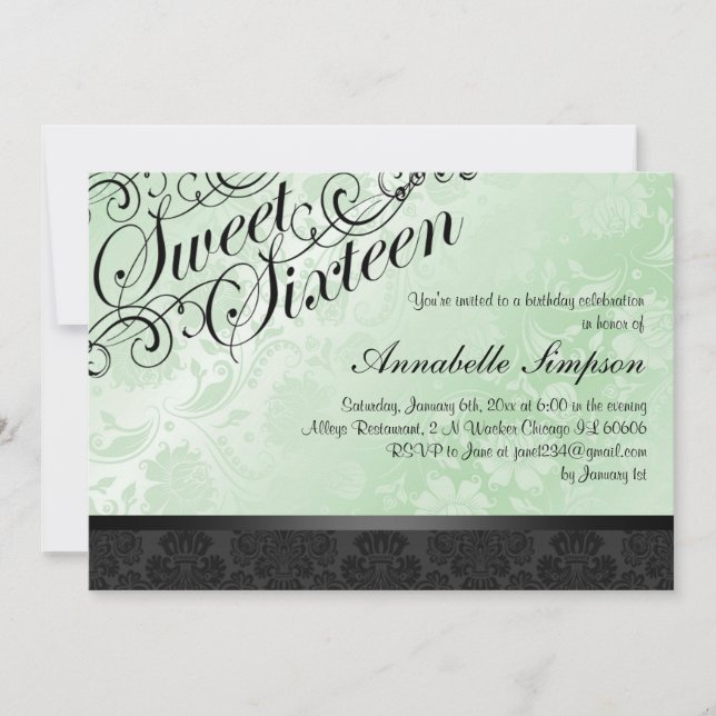 Invitación El damasco floral elegante verde y negro Sweet16 (Anverso)