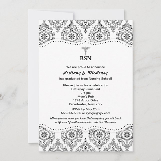 Invitación El damasco moderno BSN RN LPN de la graduación de (Anverso)