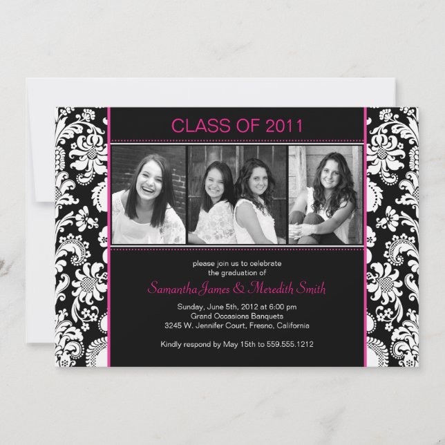 Invitación El damasco raya al graduado - negro/blanco/Fuschia (Anverso)