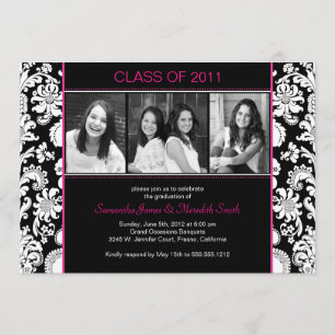 Invitación El damasco raya al graduado - negro/blanco/Fuschia