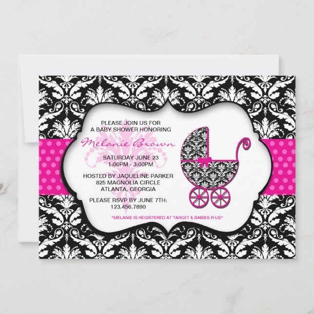 Invitación El damasco rosado elegante Baby Shower del lunar (Anverso)