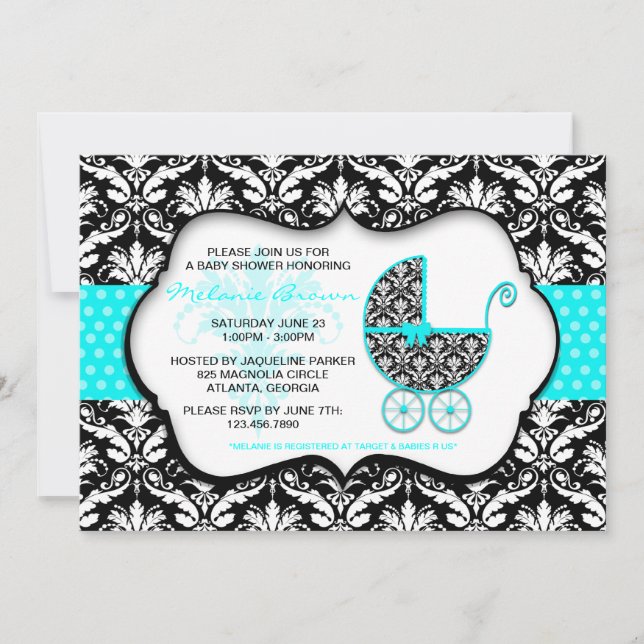 Invitación El damasco verde azulado elegante Baby Shower del (Anverso)