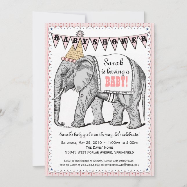 Invitación El desfile Baby Shower del circo del elefante del (Anverso)