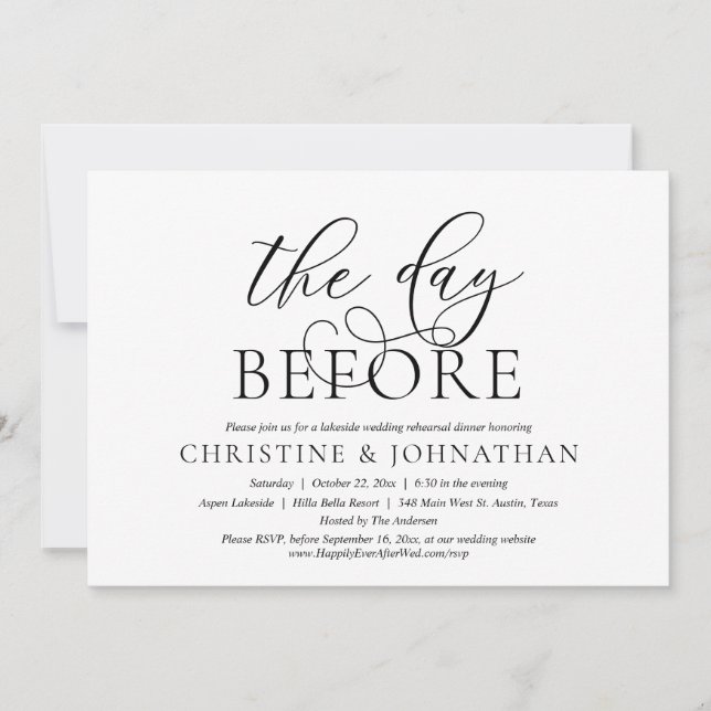 Invitación El Día Anterior, Fiesta De Ensayo Boda Cena Inv (Anverso)