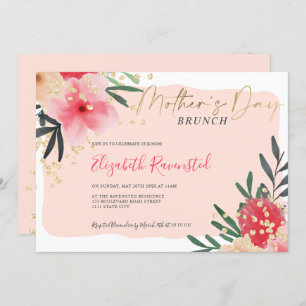 Invitación El día de la madre dorada floral rosa y ruidoso