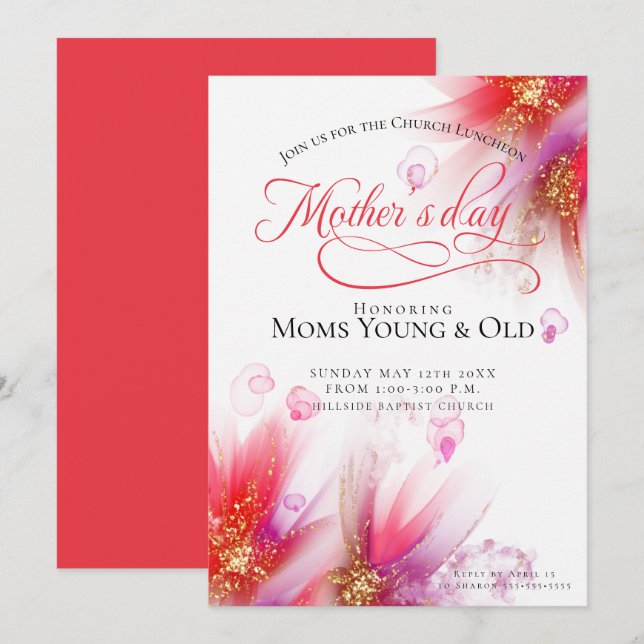 Invitación El Día de la Madre Floral Vivid Scarlet Lilac Resu (Anverso / Reverso)