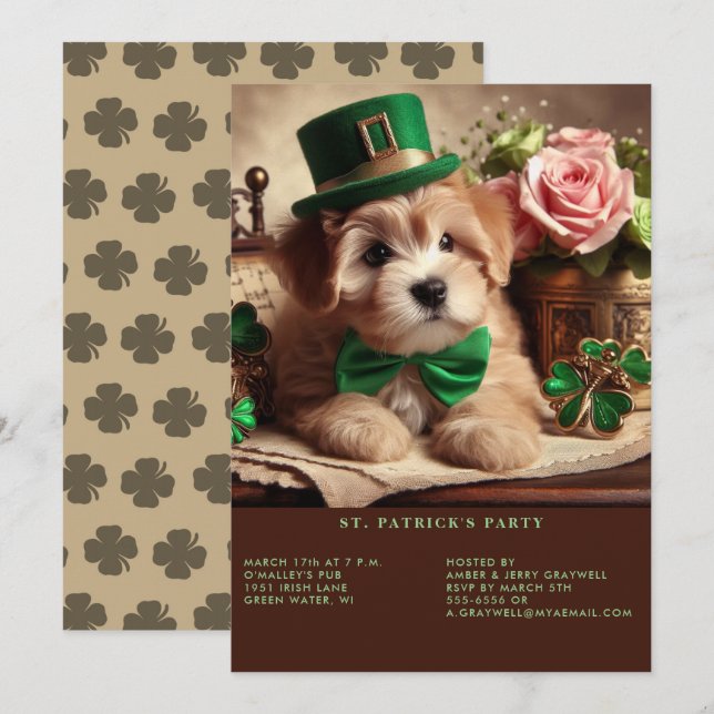 Invitación El Día de San Patricio Adorable Fluffy Cuppy Green (Anverso / Reverso)