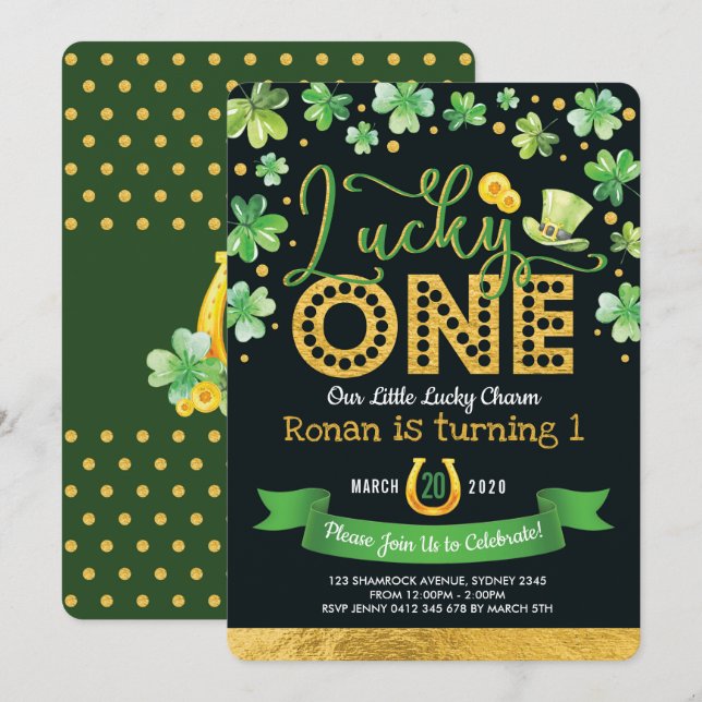 Invitación El día de San Patricio, el primer cumpleaños de Sh (Anverso / Reverso)