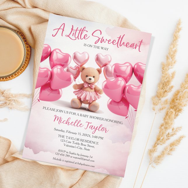 Invitación El día de San Valentín bebé ducha oso lindo amor (valentine's teddy bear heart balloons)