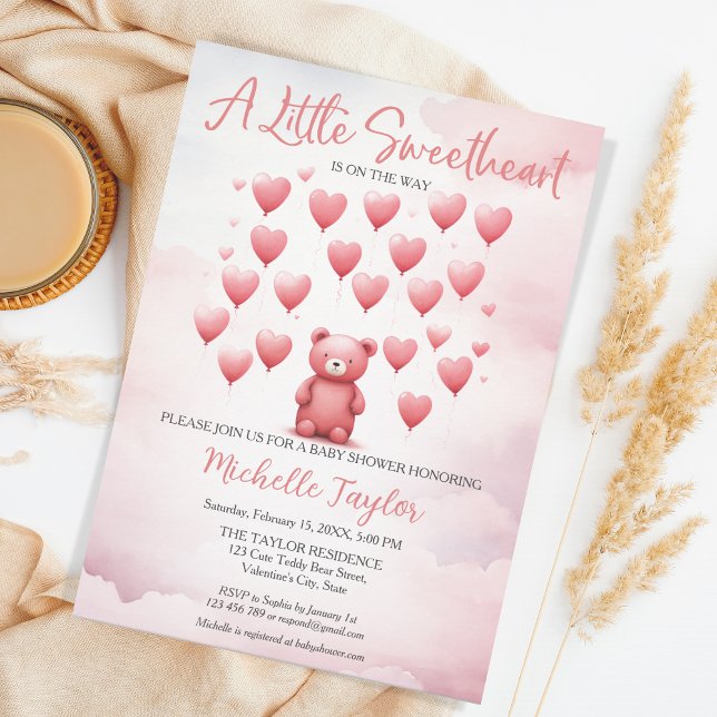 Invitación El día de San Valentín bebé ducha oso lindo amor (pink teddy bear with heart balloons)
