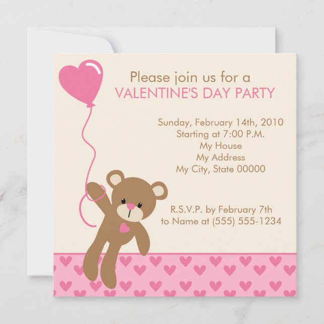 Invitación El día de San Valentín de Oso y Globos (Anverso)