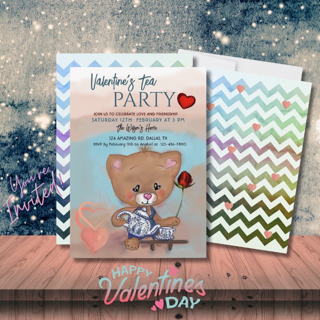 Invitación El día de San Valentín Fiesta del té con Teddy (Valentine's Day Tea Party with Teddy Invitation)