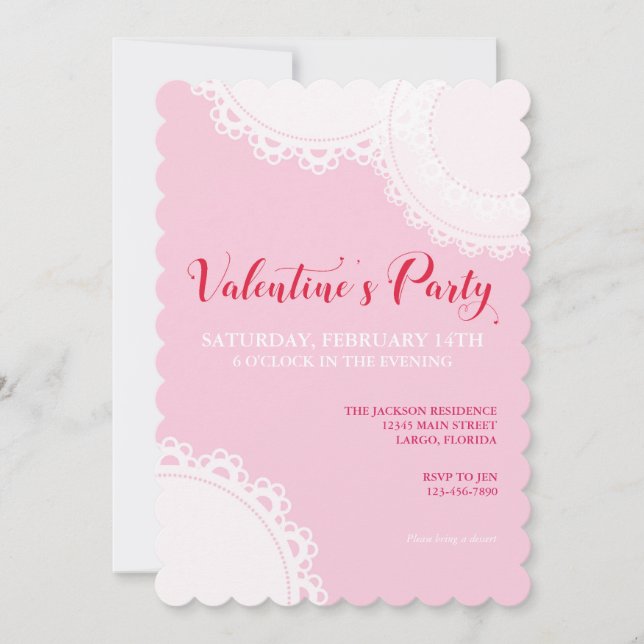 Invitación El día de San Valentín Fiesta Doilies Rosadas (Anverso)