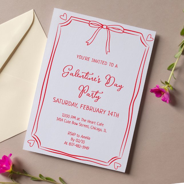 Invitación El día de San Valentín  Fiesta Girly Red Bow Heart (Subido por el creador)