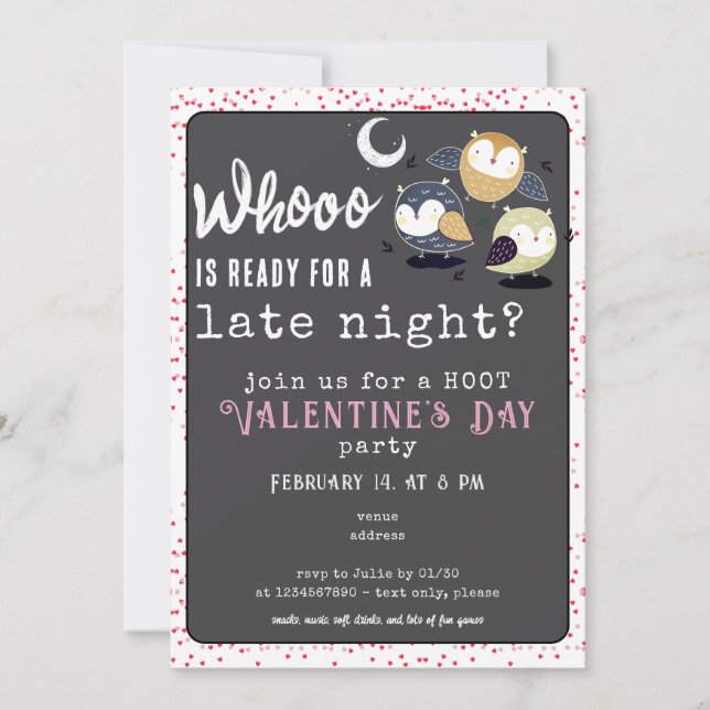 Invitación El día de San Valentín Fiesta Lechuza Tarde Tema (Anverso)