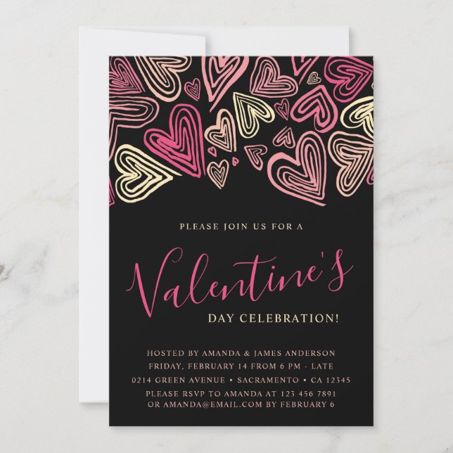 Invitación El día de San Valentín Negro Y Rosa Moderno (Anverso)