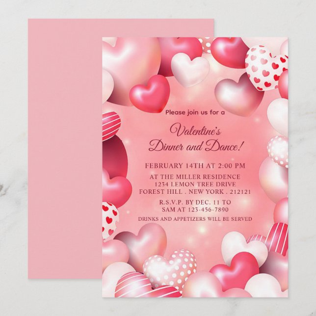 Invitación El día de San Valentín Pink Heart Ballon (Anverso / Reverso)