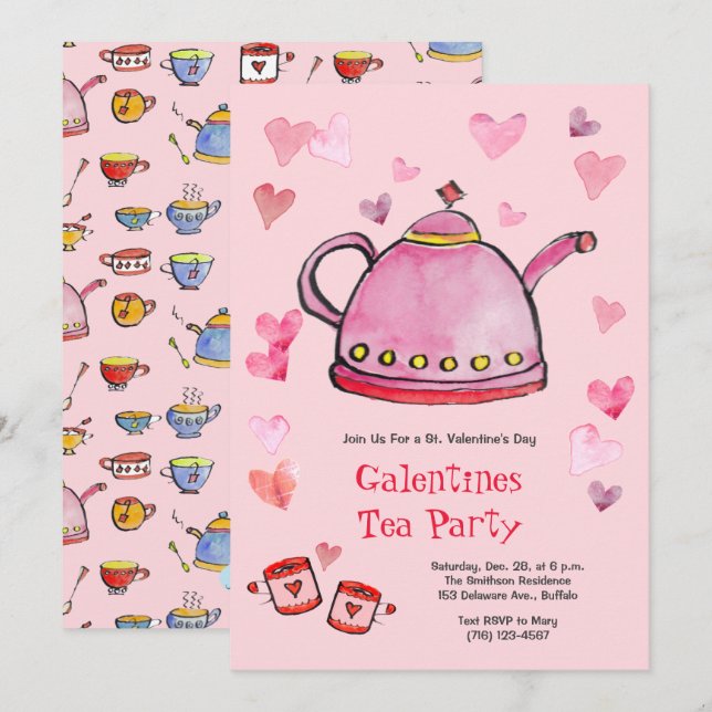Invitación El día de San Valentín retro Galentines Tea Fiesta (Anverso / Reverso)