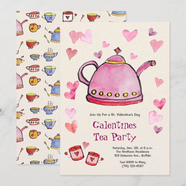 Invitación El día de San Valentín retro Galentines Tea Fiesta (Anverso / Reverso)