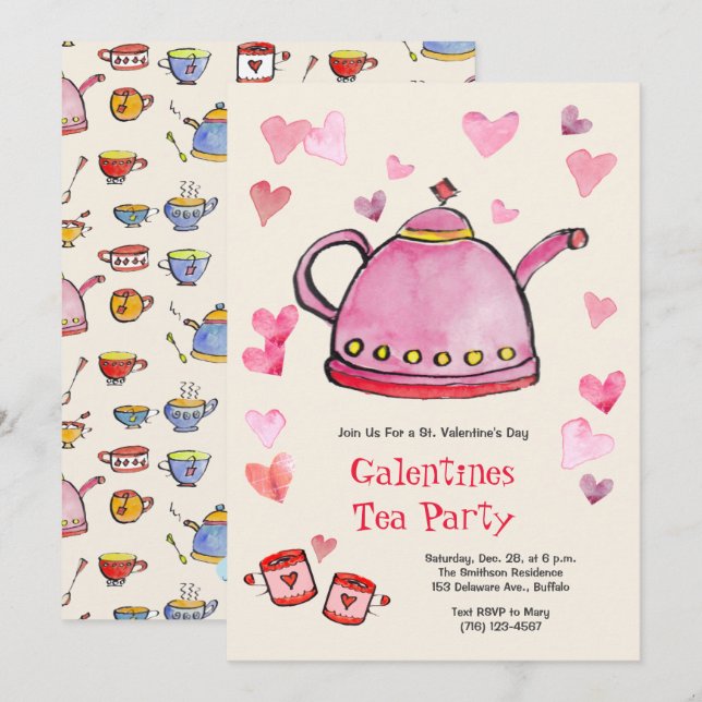 Invitación El día de San Valentín retro Galentines Tea Fiesta (Anverso / Reverso)