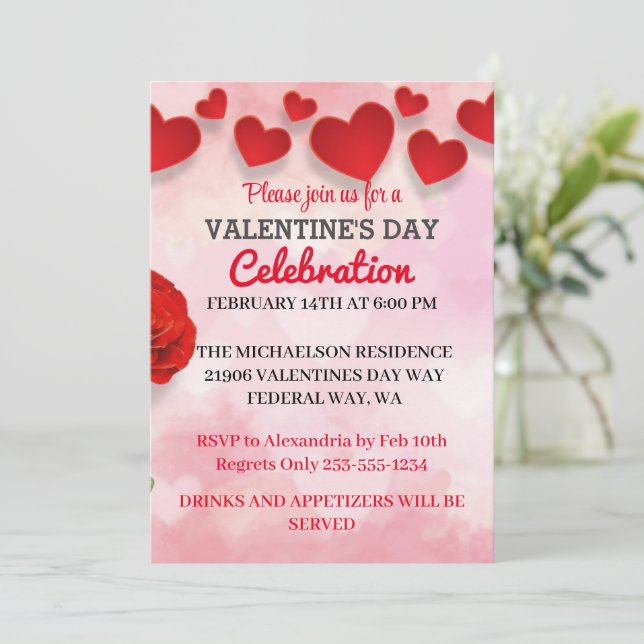 Invitación El día de San Valentín romantica rosa Fiesta de am (Anverso de pie)