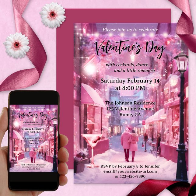Invitación El día de San Valentín romántico dulce rosado (A sweet Valentine's Day party invitation featuring a couple in love in a pink fantasy world)