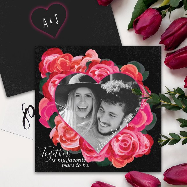 Invitación El día de San Valentín romántico marco de foto de  (red roses, heart shaped photo Valentine's day card, Romantic red rose bouquet, red & black rose art)