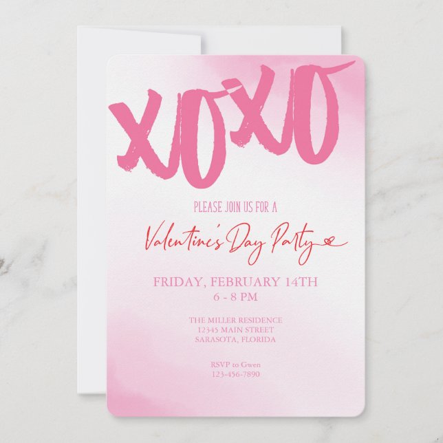 Invitación El día de San Valentín XOXO Fiesta de acuarela ros (Anverso)