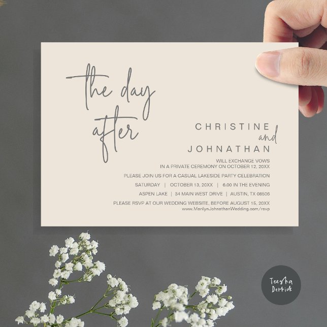 Invitación El día siguiente, fiesta post boda, grito oscuro c (The Day After, Modern Post Wedding Party Invitation Card, PDF, in Cream Dark Grey)