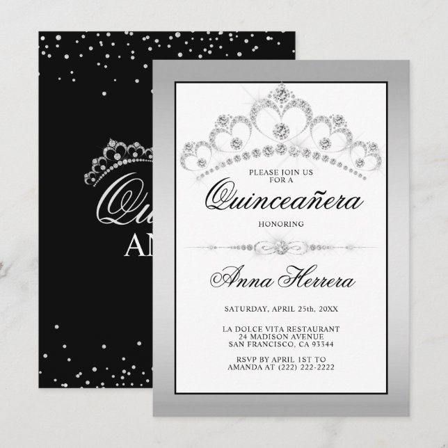 Invitación El diamante moderno Tiara blanco negro QUINCEAÑERA (Anverso / Reverso)