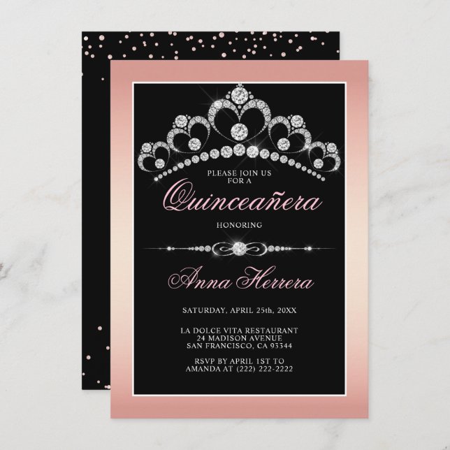 Invitación El Diamante Moderno Tiara Rosa Negro QUINCEAÑERA (Anverso / Reverso)
