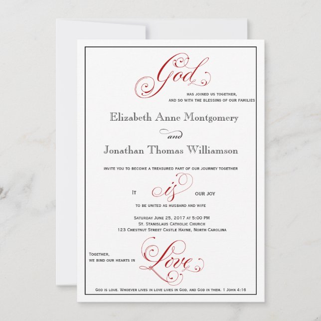 Invitación El Dios rojo elaborado es el Boda cristiano amor (Anverso)