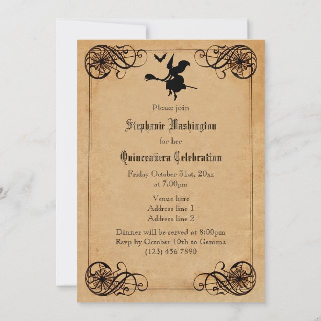 Invitación El doble de Quinceañera de la bola de las brujas (Reverso)