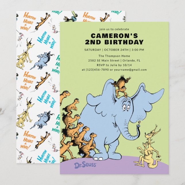 Invitación ¡El Dr. Seuss Horton escucha a un quién! | Cumplea (Anverso / Reverso)
