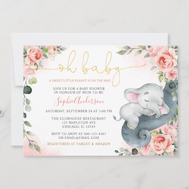 Invitación El dulce elefante Baby Shower Invi Chica de cacahu (Anverso)