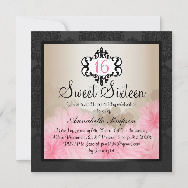 Invitación El dulce elegante floral rosado y negro elegante (Anverso)