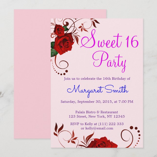 Invitación El dulce floral hermoso 16 del rosa rojo invita (Anverso / Reverso)