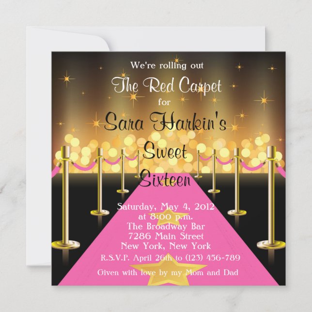 Invitación El dulce rojo/rosado 16 de Hollywood de la (Anverso)