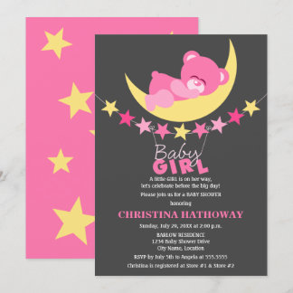 Invitación El durmiente Chica rosado Teddy Bear en la Luna Ba