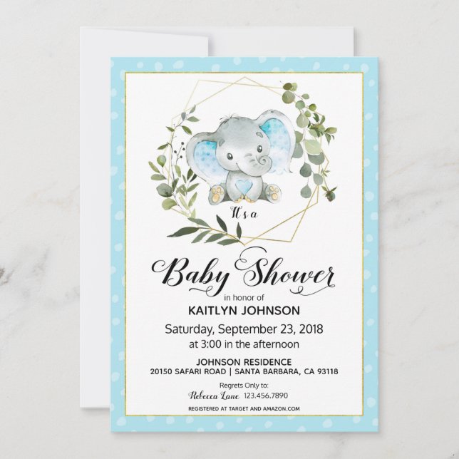 Invitación El elefante azul moderno Baby Shower (Anverso)