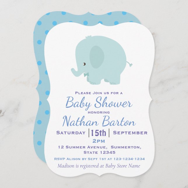 Invitación El elefante azul y el Baby Shower de Dots Boy (Anverso / Reverso)