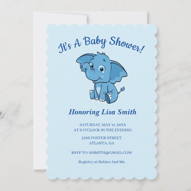 Invitación El elefante Baby Shower de Blue Boy (Anverso)