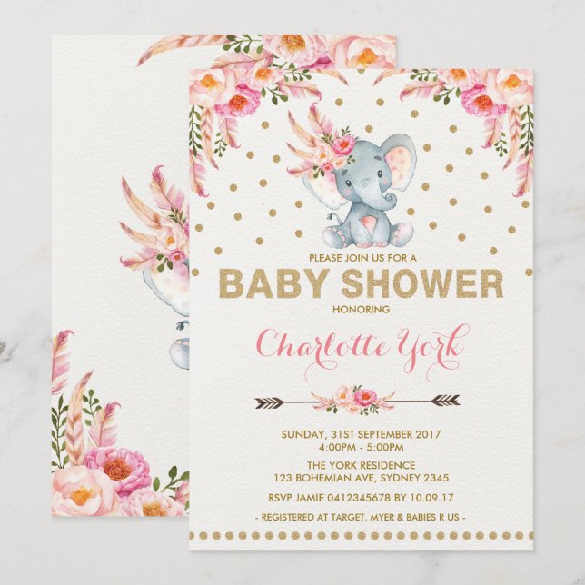 Invitación El elefante Baby Shower de Boho invita a la selva (Anverso / Reverso)